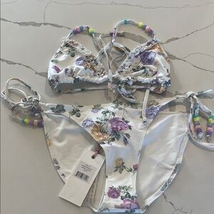 NWT Love Shack Fancy floral bikini set with beads and matching bag